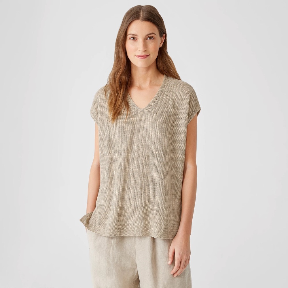 Eileen Fisher Organic Linen Delave V-Neck Top size Large